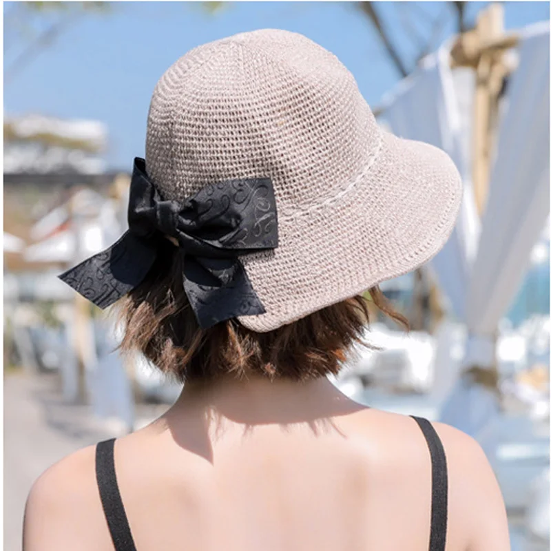 Spring Summer Bucket Hat Elegant Women Hollow Foldable Fisherman Hats For Lady knit Bow Travel Sun Girls Gift Female | Аксессуары для