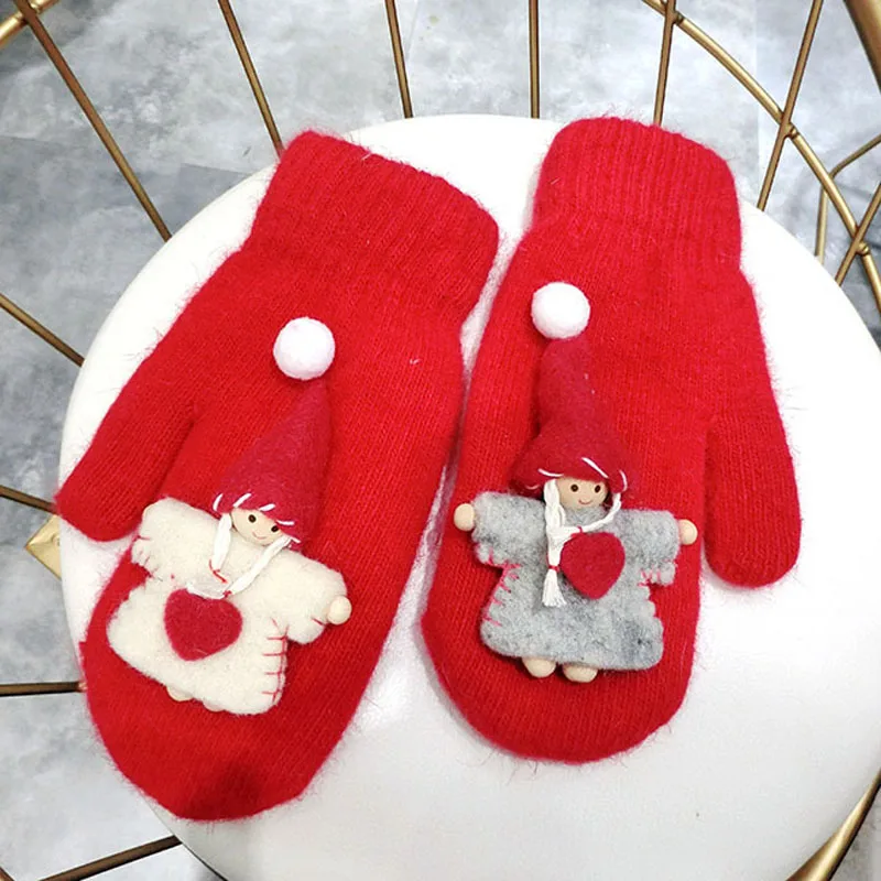 Перчатки для девочек студенческие рождественские вязаные митенки со снеговиком