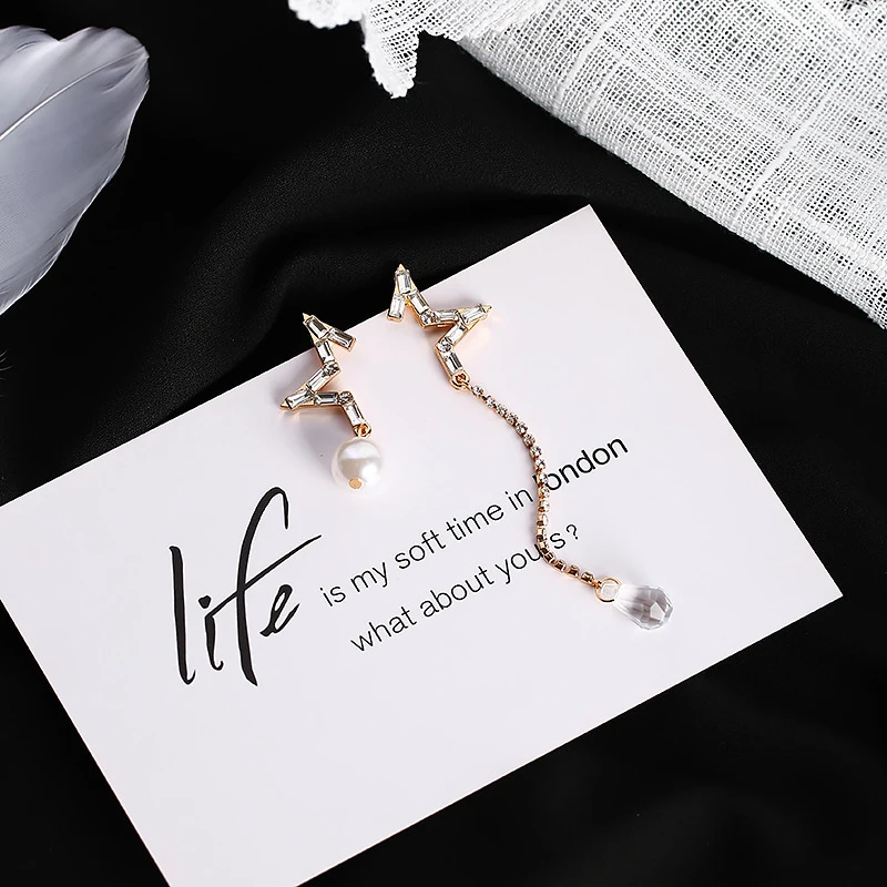 JZTOP Star Crystal Stud Earrings Imitation Pearl Rhinestone Five Pointed Asymmetrical For Woman Oorbellen Jewelry | Украшения и