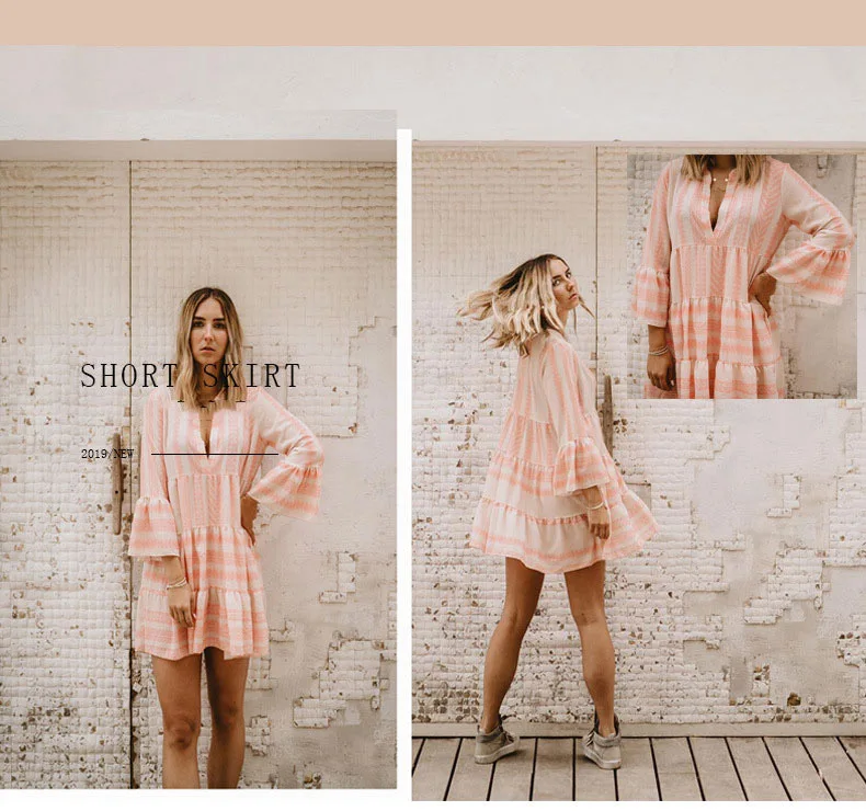 Y Nidus летние полосатые платья Мини женские Boho осенние вечерние короткие пляжные платья повседневные свободные Сарафаны с v-образным вырезом femme Vestidos