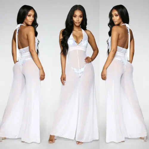 

Women Wide Leg Pants Casual Ladies Loose Trousers Sexy Mesh Sheer Jumpsuit