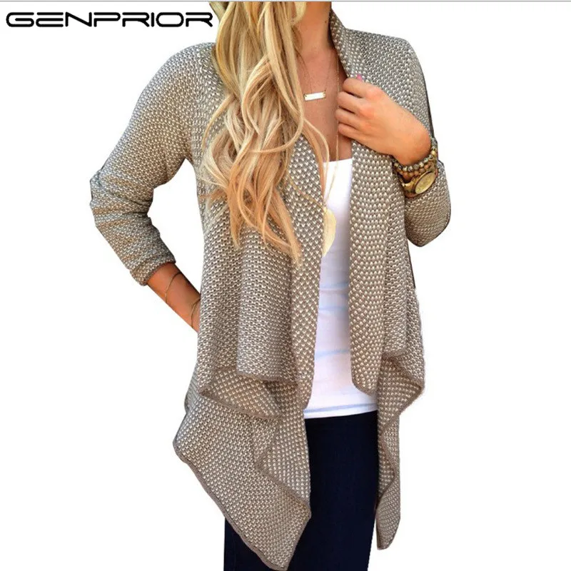 Осень 2017 уличный длинный свитер GENPRIOR в мелкий горошек с бантом свободный серый