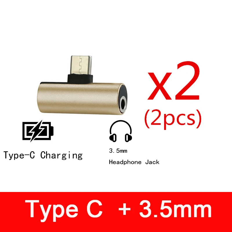 2pcs Golden Двойные наушники 3,5 мм разъем и тип c 2 в 1 аудио зарядное устройство для huawei P30 Pro Чехол аудио Chraging для Xiaomi Mi 8 9 - Цвет: 2pcs Golden