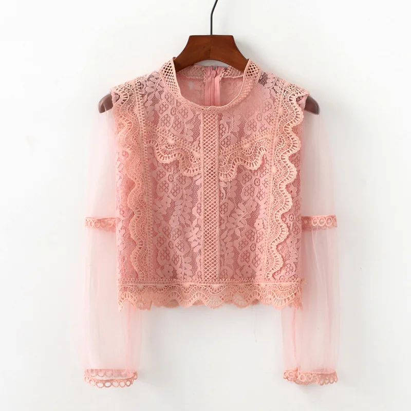 Летняя и Европейская Новинка кружевная ажурная рубашка с длинным рукавом
