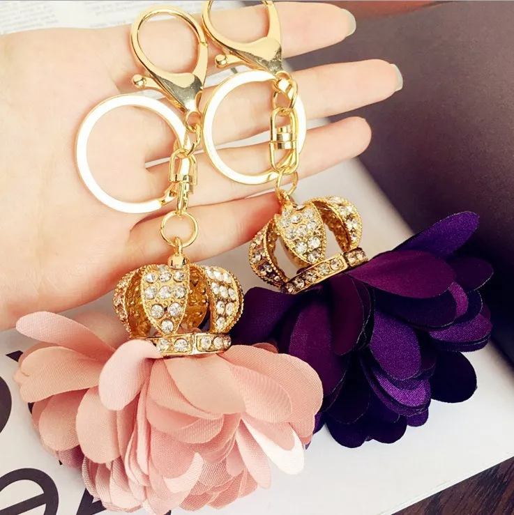 Ткань цветок кольцо для ключей шифон кисточкой Ключи Цепи леди пара сумка