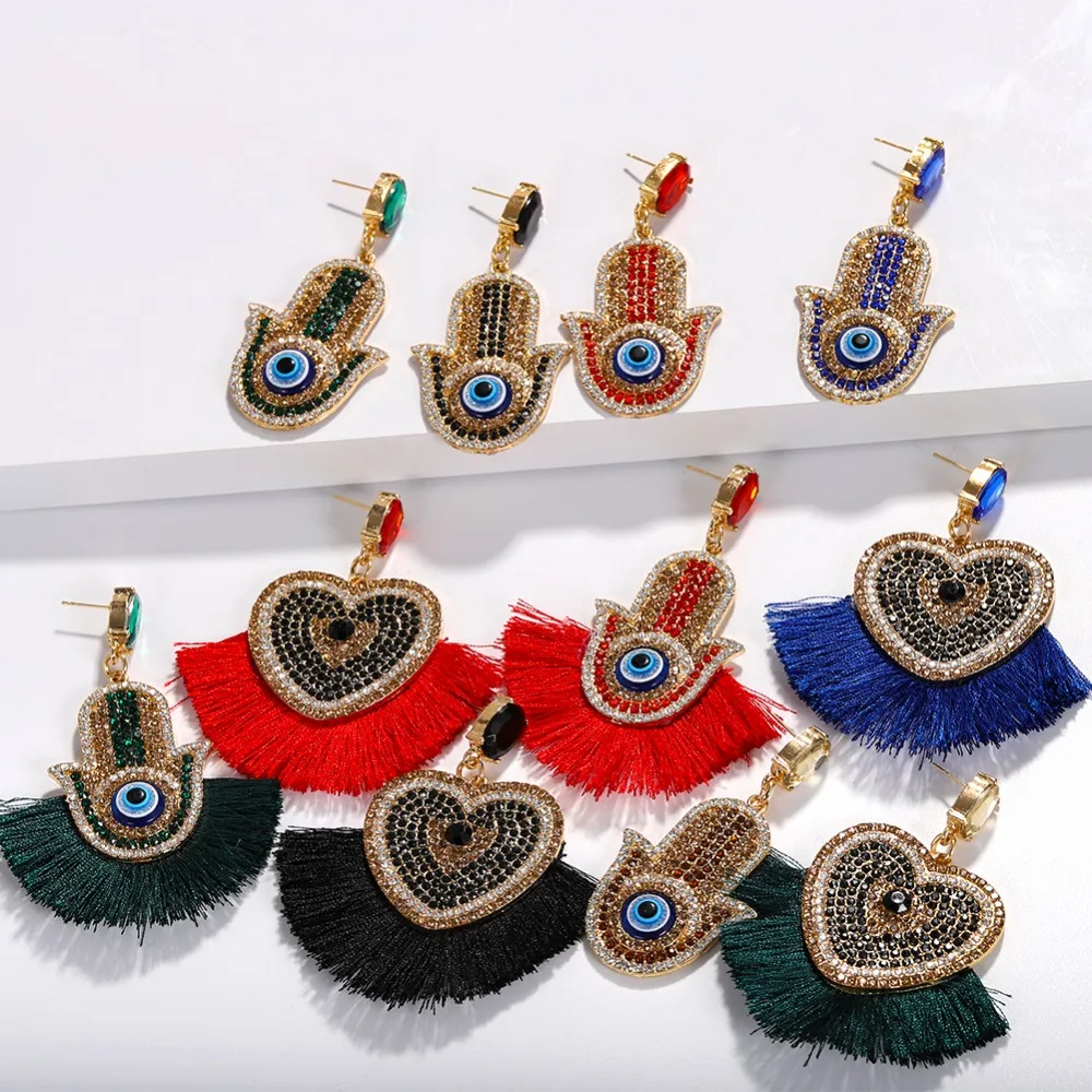 Женские богемные серьги подвески с кристаллами в виде глаз и бахромой уникальный