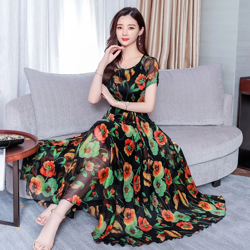 Summer Retro Elegant Chiffon Women Dresses Casual O-Neck Short Sleeve Dress Ladies Big Swing Party Beach A-Line Vestidos | Женская