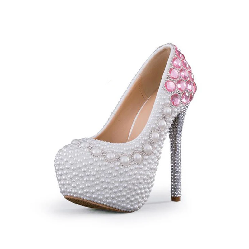 

Vogue White Pearl Formal Shoes Luxury Pink Crystal Wedding Shoes Beautiful Wedding Party Stiletto High Heels pumps