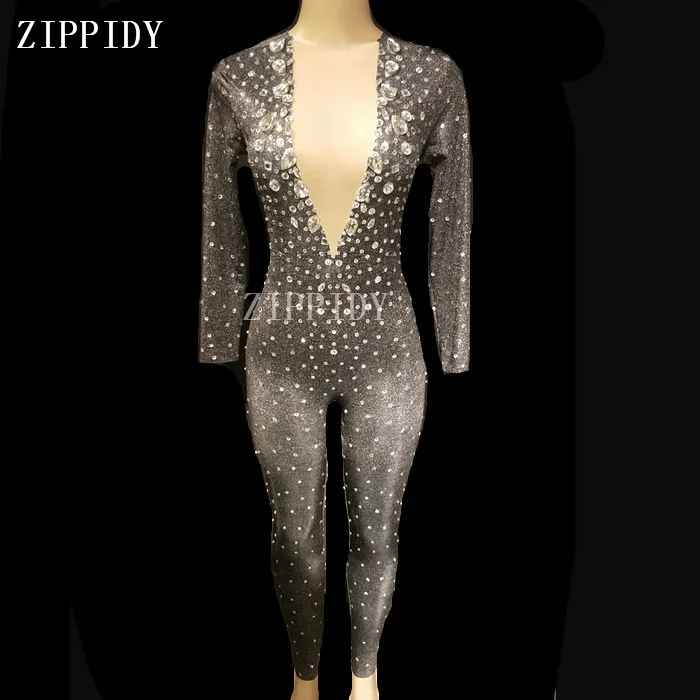 New design Sparkly Stones Black Jumpsuit Sexy Rhinestones Bodysuit Female Singer Rompers Stage Wear Dance Wear Outfit YOUDU