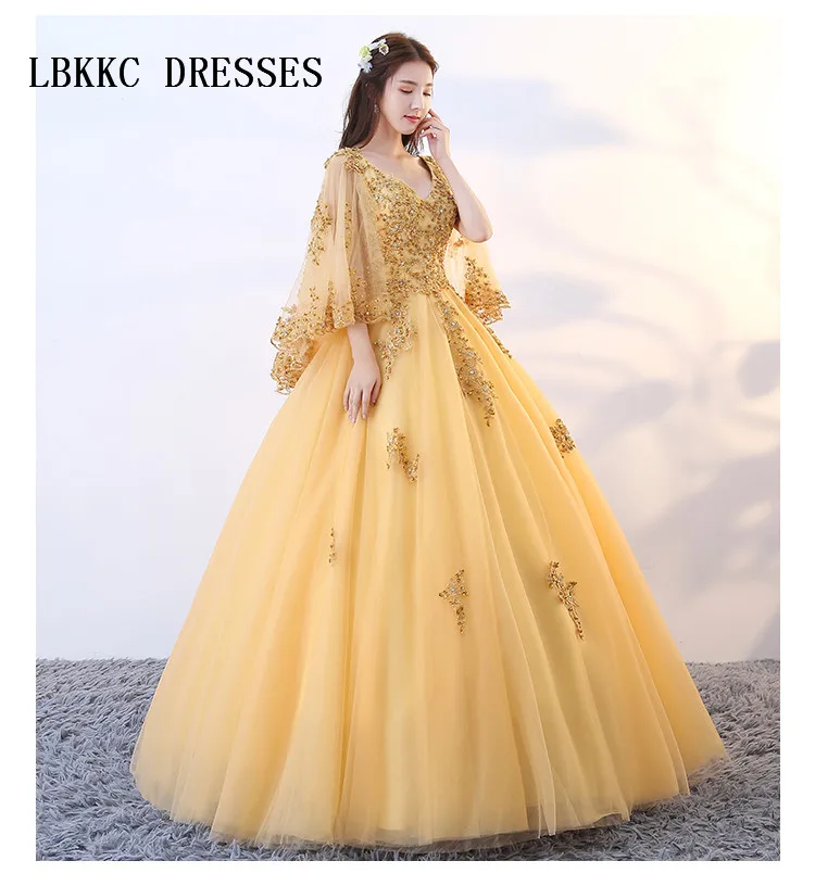 Quinceanera платье золотистого цвета кружевное Пышное фатиновое с аппликацией из