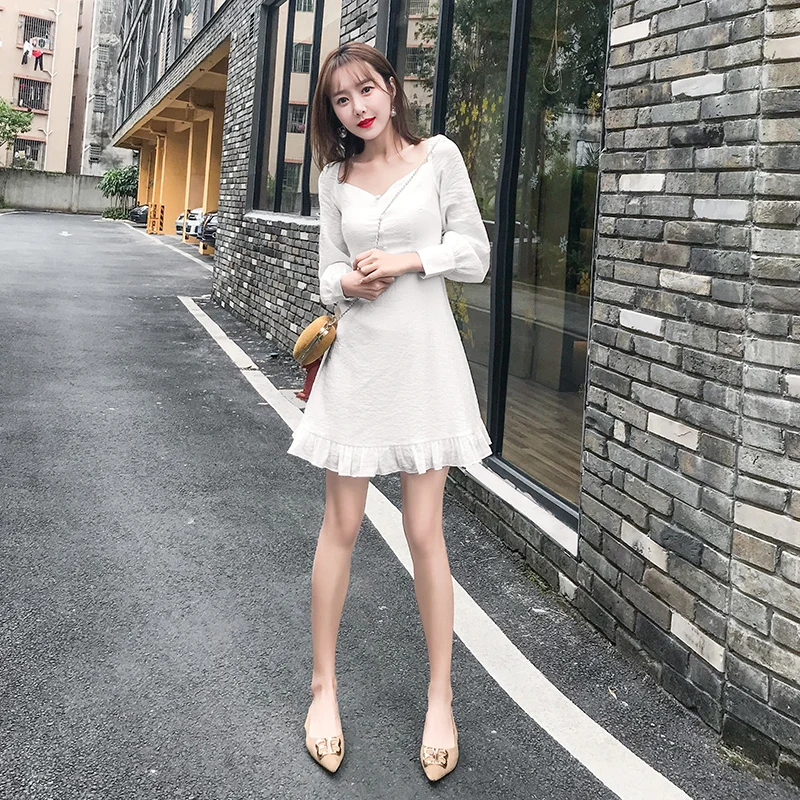 Летнее платье 2019 Новый Высокая Талия для похудения белого цвета с V-образным