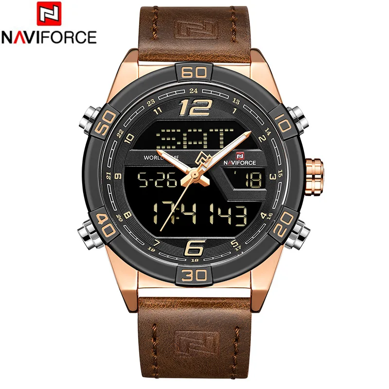 Brown Gold Black NAVIFORCE мужские наручные часы Цифровой Хронограф военные мужские часы роскошные кожаные повседневные кварцевые часы мужские часы цифровой светодиодный - Цвет: Brown Gold Black