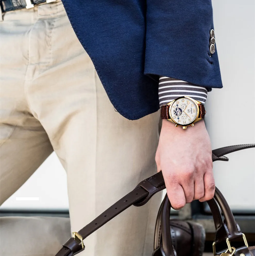 Часы BINSSAW мужские Роскошные автоматические механические деловые кожаные|relogio