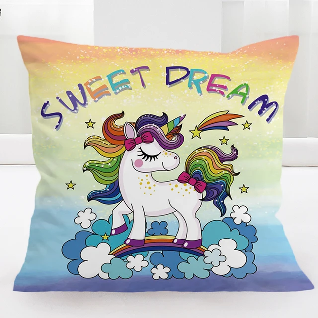 BlessLiving Cute Unicorn Cushion Cover Rainbow Hair Pillow Cover Love Music for Kids Cartoon Home Decor 45x45cm Kussenhoes 3