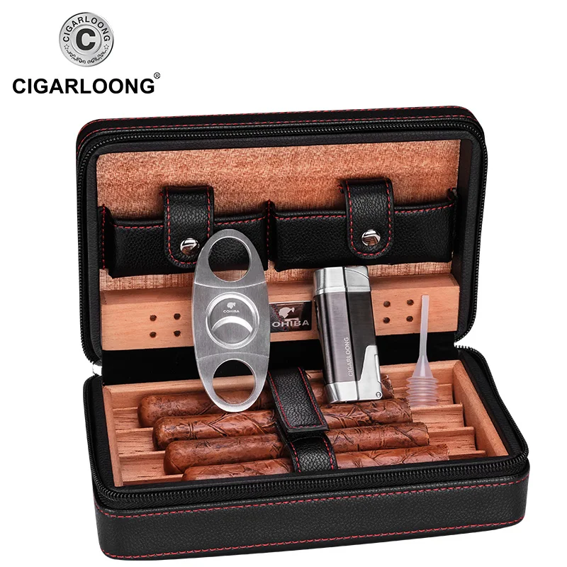 COHIBA портсигар для 4 сигар дерево кедра с подкладкой кожа для путешествий, сигара с сигарой резак и зажигалка CQ-001