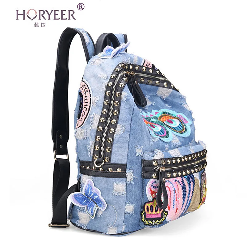 HORYEER kanken backpack women shoulder bag denim school for teenager girls jeans rivet backpacks vintage blue rucksack | Багаж и сумки