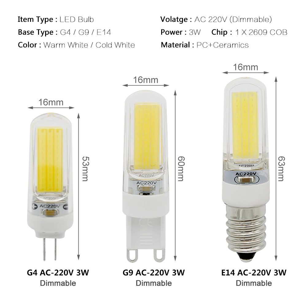 G4 G9 E14 AC 220V Диммируемый свет 3W COB 2609 абажур Светодиодная лампа 360 Угол луча заменить
