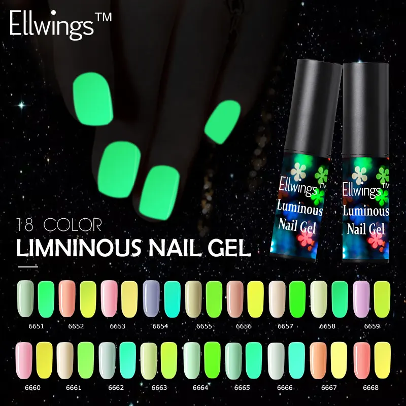 Ellwings мерцающий неоновый светящийся Гель лак для ногтей в темноте ночной