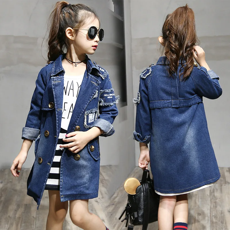 2018 New Fashion Girls Denim Jackets Double-Breasted Coats Kids Trench Coat Girl Long Style Autumn Children Outerwear |
