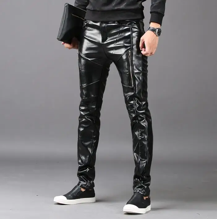 Winter personality fashion slim motorcycle faux leather pants mens feet pants pu tight trousers for men pantalon homme warm