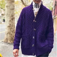 100 hand made pure wool twist knit men fashion turn down collar solid single breasted cardigan sweater customized