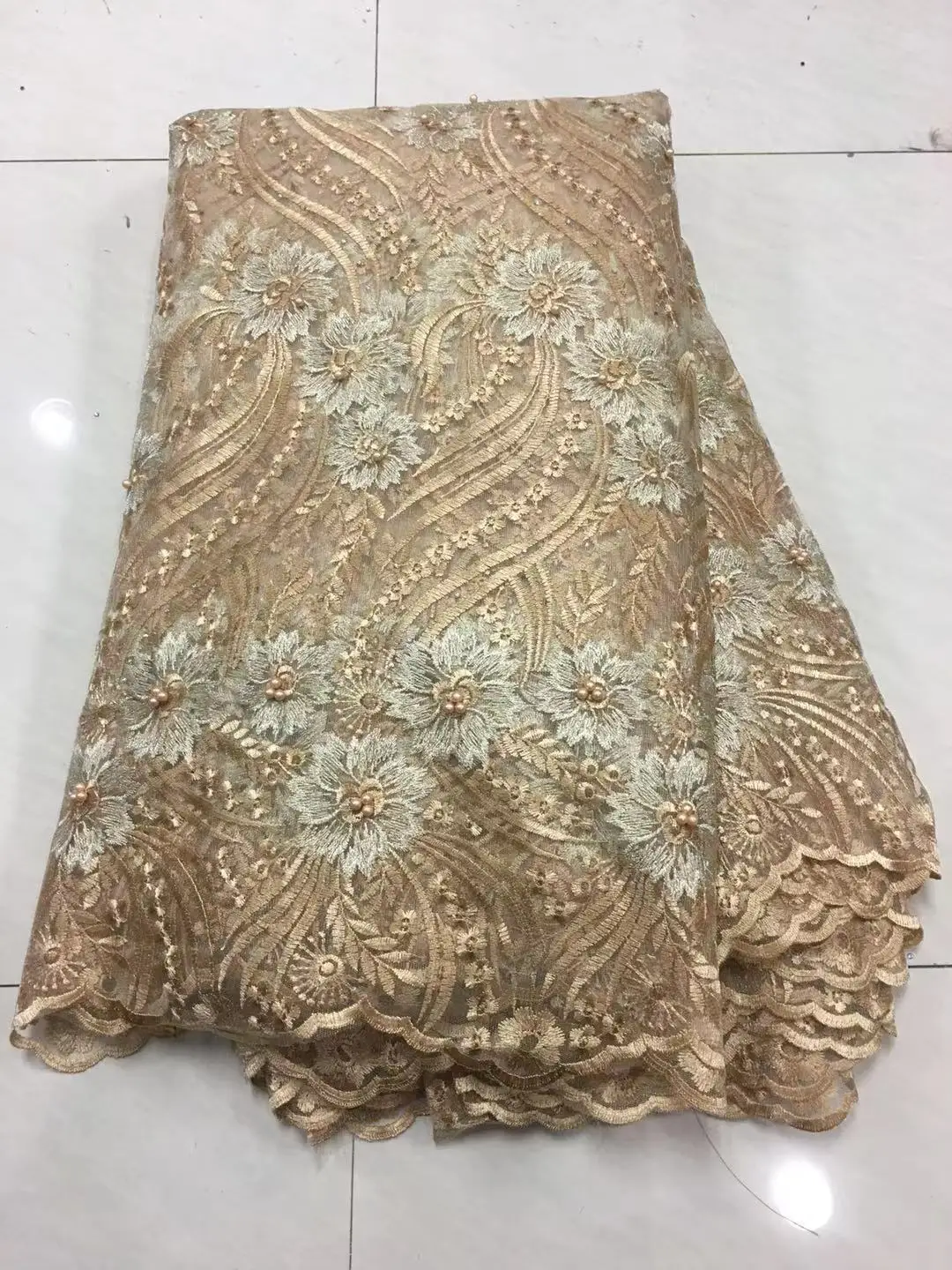 

Lace Fabric Royal Gold French Lace Fabric With Beaded Nigerian French Fabric High Quality African Tulle Lace Fabric ZJ1688