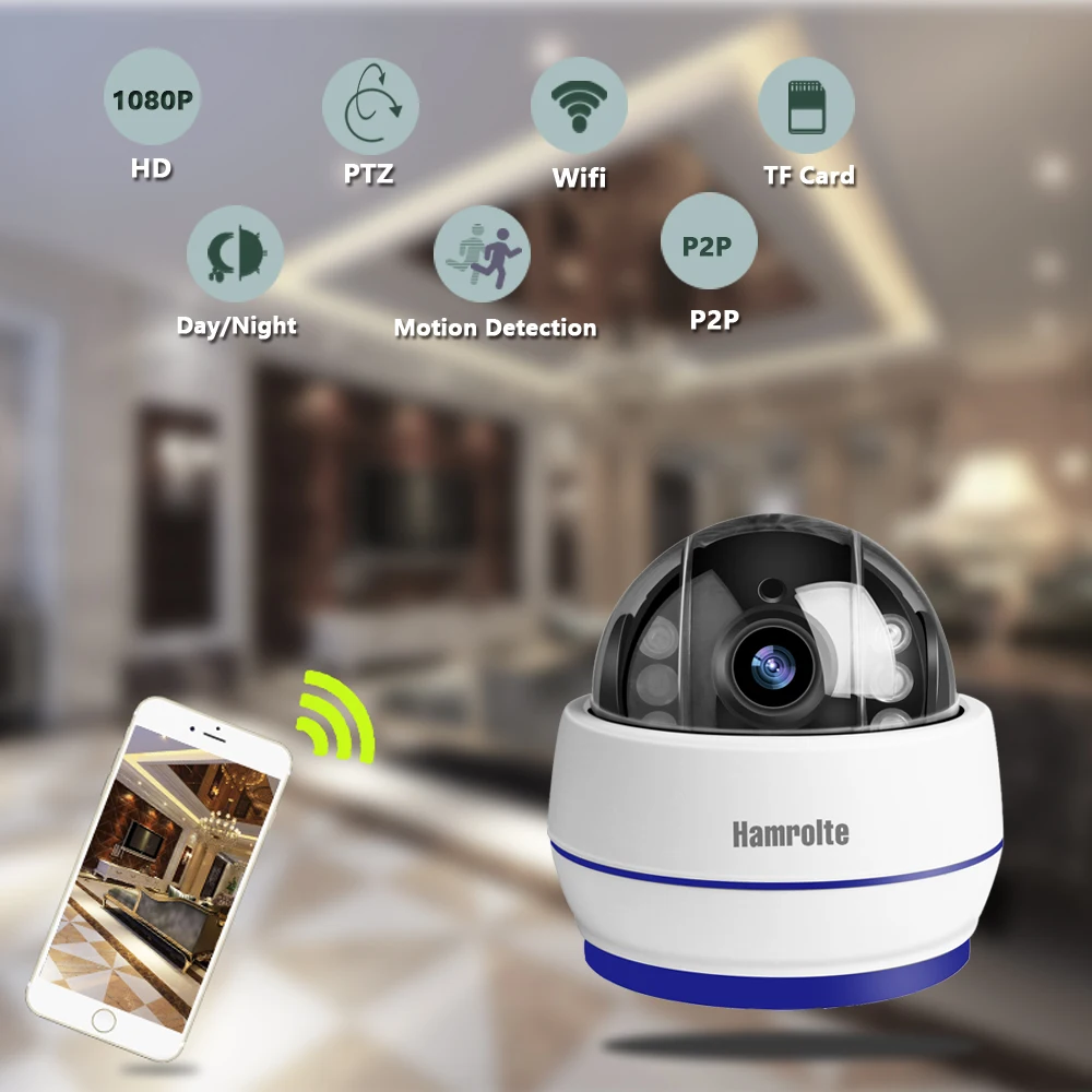 Hamrolte Wifi камера, скоростная купольная камера 1080 P, 5-кратный зум, автоматическая фокусировка, крытая PTZ ip-камера, слот для sd-карты, Аудио запись, Onvif CamHi