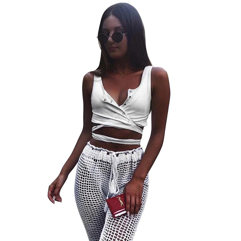 

2021 Summer Short Sexy modis Women Tops Wrap Slim Casual Knit Crop Tops Stretch Lace-up Bow Solid Tank Tops Lace UP Tank tops