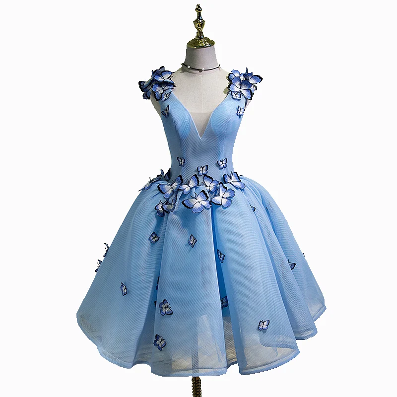 sky blue SSYFashion Новое пикантное платье цвета коктейль невесты банкет Небесно-Голубой v-образный вырез без рукавов с открытой спиной бабочка вечерние бальные платья на заказ - Цвет: sky blue