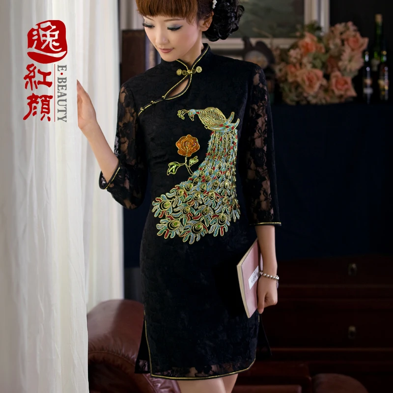 Free shipping Autumn three quarter sleeve lace cheongsam dress slim autumn wl004q | Тематическая одежда и униформа