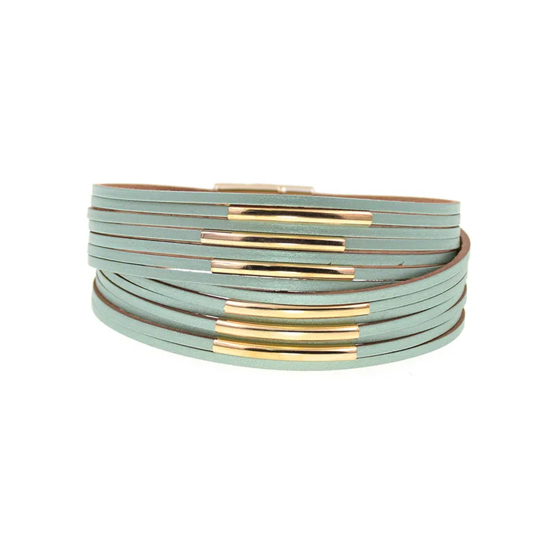 green WELLMORE 10 Colors Fashion copper pipe charm Leather Bracelets For Women Men's wrap Bracelets Couples fashion Jewelry wholesale - Окраска металла: green