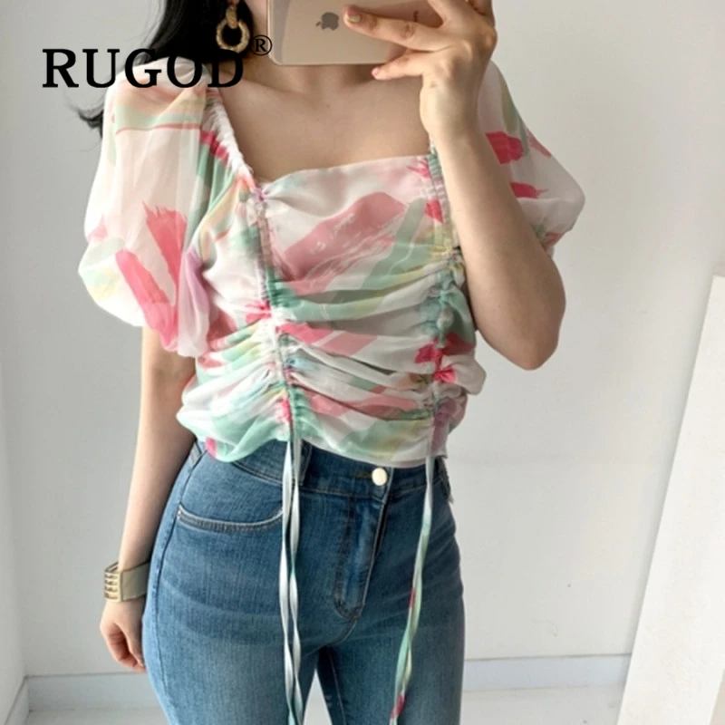 RUGOD корейский шик сладкий печатных женщин Блузка Элегантный квадратный вырез