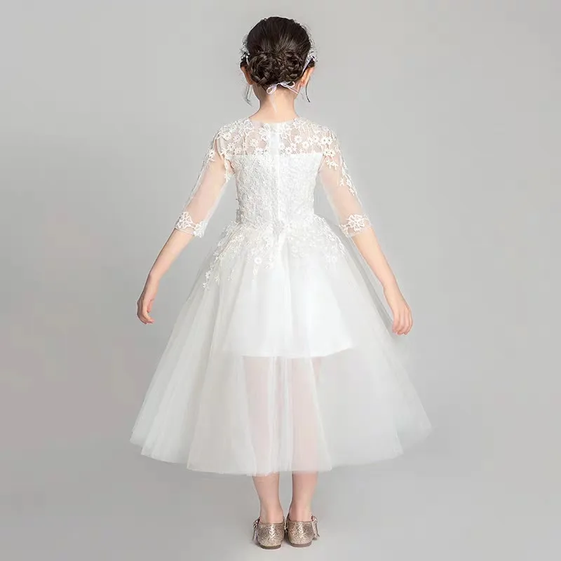 

2019Summer Spring Elegant New Little Girls Children Solid White Birthday Evening Party Lace Flowers Tulle Dress Kids Host Dress