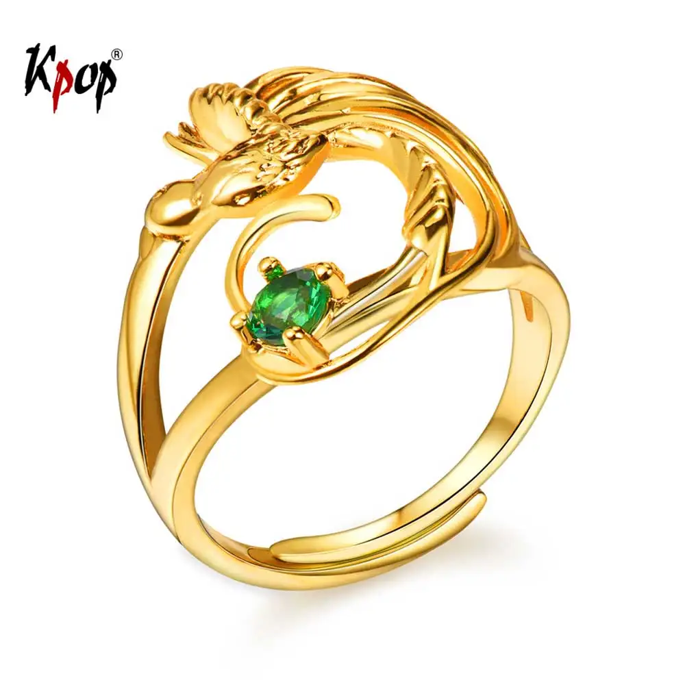 Kpop птица Феникс регулируемое кольцо золотой цвет зеленый кубический цирконий