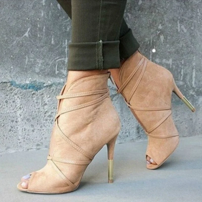 beige MCCKLE/модные женские туфли-лодочки размера плюс из искусственной замши пикантные ботильоны с открытым носком женские осенние туфли без застежки на высоком каблуке с глубоким v-образным вырезом - Цвет: beige