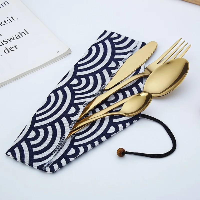 Портативные столовые приборы из нержавеющей стали с золотым покрытием вилка