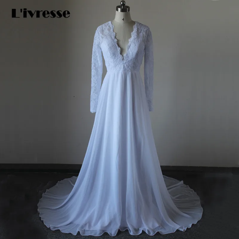 V-образным вырезом спинки шифон с длинным рукавом Кружева торжественные платья