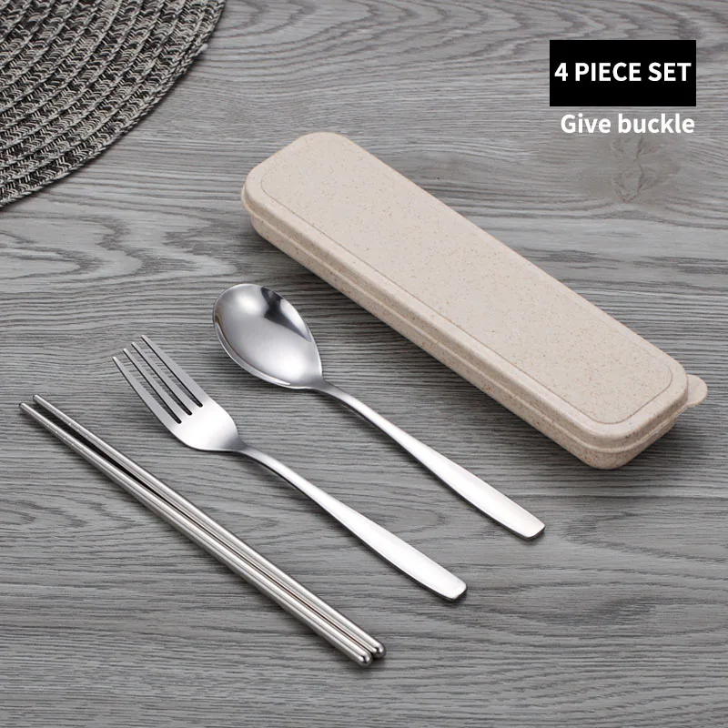 WORTHBUY Portable Dinnerware Set Stainless Steel Cutlery With Wheat Straw Handle Tableware Set For Kids School Dinner Set - Цвет: Steel 4 Set