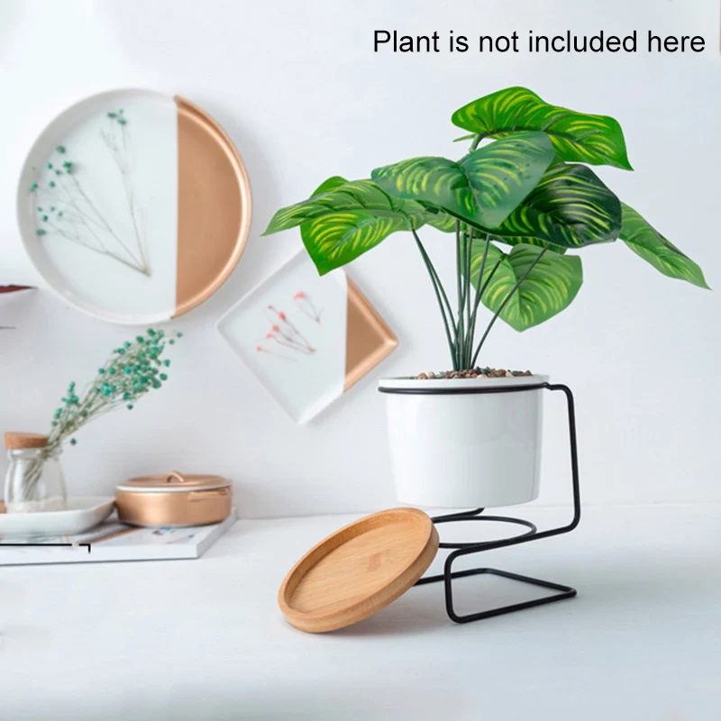 Planter Pots Indoo White Ceramic Round Bowl Large with Metal Stand/Bamboo Tray for Succulent Cactus New | Дом и сад