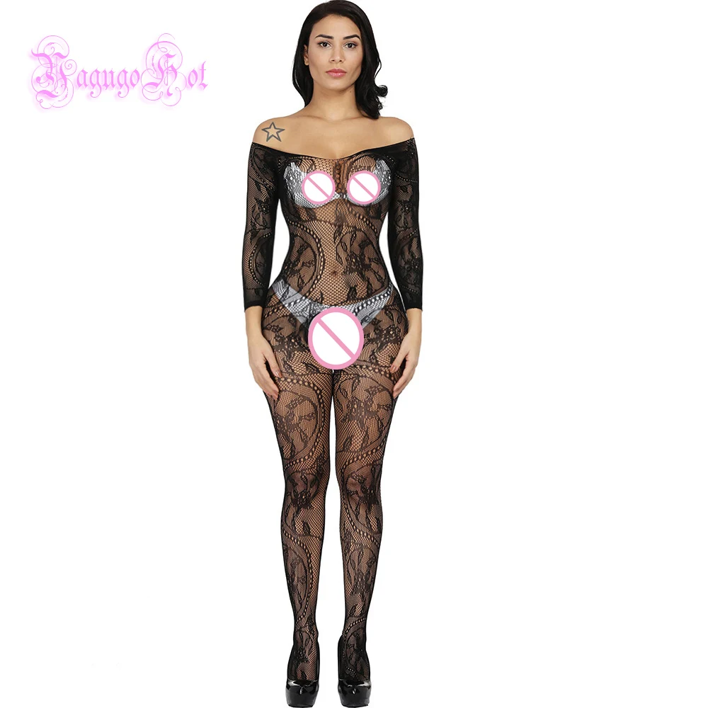 Sexy Fishnet Sheer Crotchless Swirly Lace Teddy Floral Long Sleeved Bodystocking Lingerie Intimates Babydoll Bodysuit Catsuit