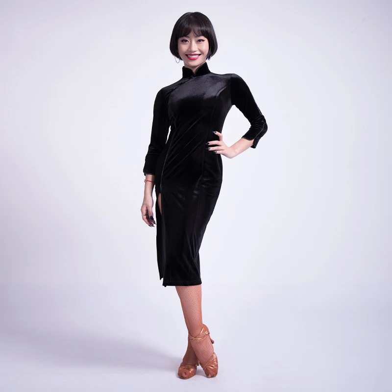 Для латинских танцев платья женщин Восточный Cheongsam с длинным рукавом Бальные