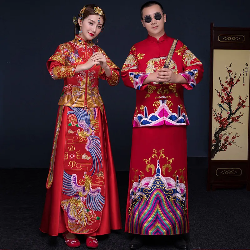 Китайский стиль Свадебные Мужские костюмы тост платье красная вышивка жениха