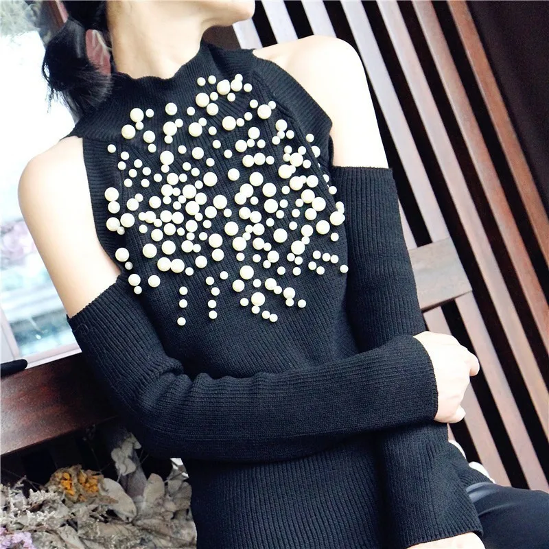 TWOTWINSTYLE Pearl Sweater Female Off Shoulder Long Sleeves Sexy Slim Knitting Jumpers Women Elegant Autumn Clothing 2018 Tops | Женская