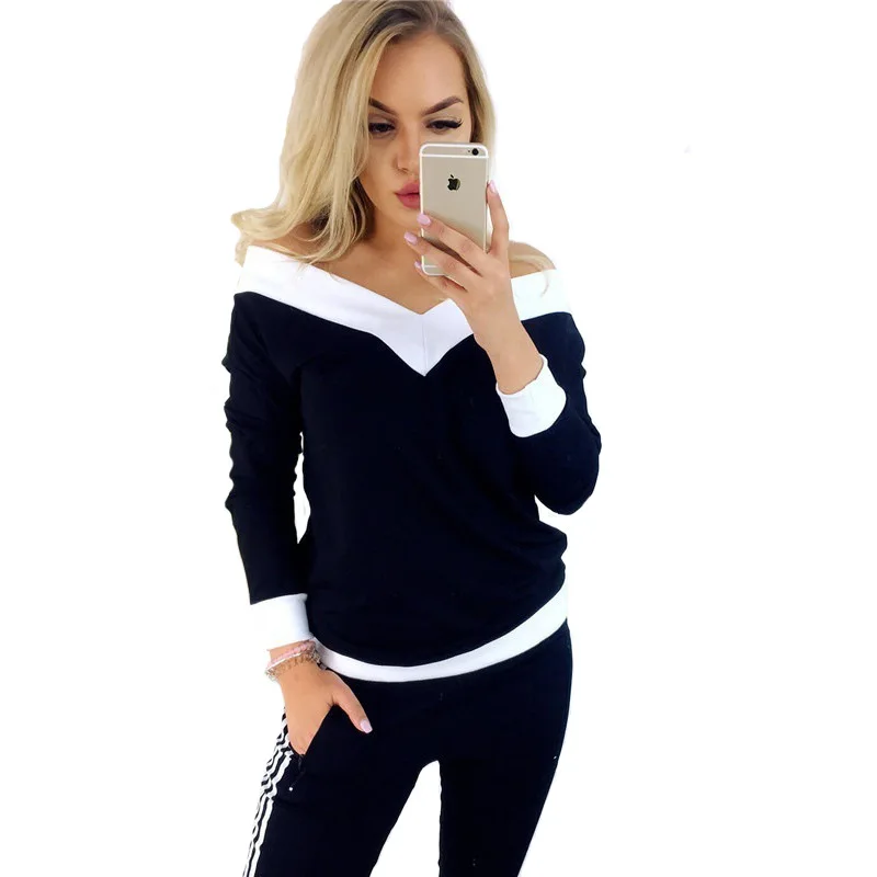 

LOSSKY Off Shoulder Patchwork T Shirt Sexy V Neck Long Sleeve Women Spring T-shirt Autumn Casual Loose Fashion Tshirts Tops Tees
