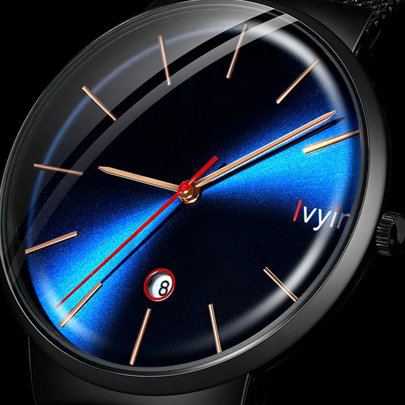LVYIN Special 2.5D Convex Glass Quartz Watch Men Steel Mesh Watches Calendar Wrist Simple Blue Business Analog LY021 | Наручные часы