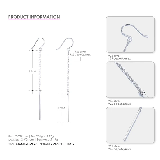 EMER038-1 Silver E-Manco 925, серебряные серьги с подвеской на цепочке, длинные серьги для женщин, Новое поступление, простые серьги, EMER038 - Цвет камня: EMER038-1 Silver