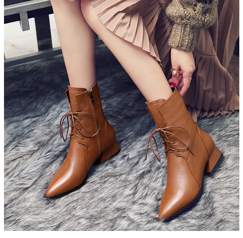 

Luxury Genuine Leather women's Ankle Boots Pointed Toe Lace Up Low Heel Autumn Winter Booties Women Office Shoes Woman 2019