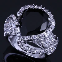 amazing big water drop black cubic zirconia white cz silver plated ring v0569