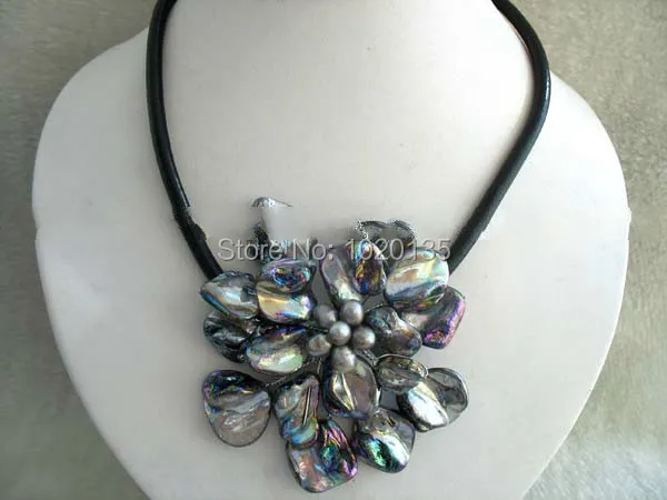 Вау! Черный барокко ракушки цветок и пресноводный жемчуг шея 40 мм 18 дюймов