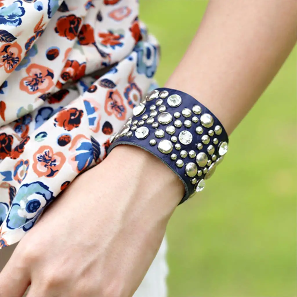 Талисманы кожаный браслет с кристаллами модные широкие манжеты заклепками и для